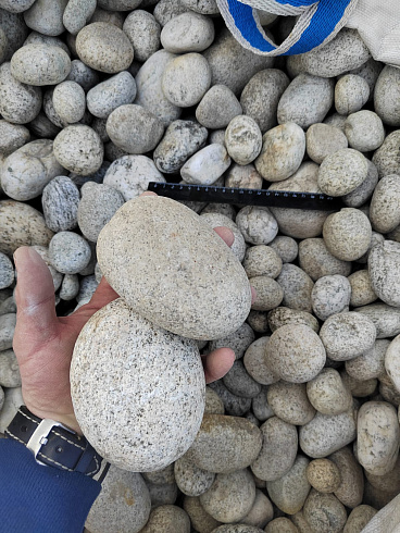 Kamenclub.ru: Галька речная окат (серо-белая) фр. 70-120 мм купить  в Оренбурге галька галечник бело-серая, серо-белая, серая, белая речная природная галька  8000 руб/т   фото КАМЕНЬ КЛУБ