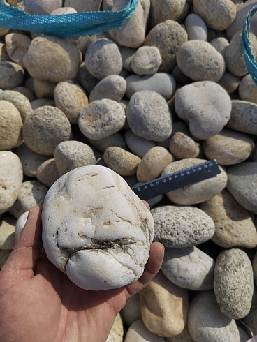 Kamenclub.ru: Галька речная окат (серо-белая) фр. 70-120 мм купить  в Оренбурге галька галечник бело-серая, серо-белая, серая, белая речная природная галька  8000 руб/т   фото КАМЕНЬ КЛУБ